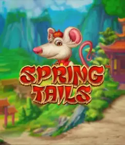 A charming illustration of a white rat dressed in traditional Chinese attire positioned in front of a vibrant landscape with mountains. The image is for the Spring Tails game by Betsoft, showcased with prominent red and gold logo lettering.