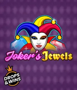 Experience the vibrant world of the Joker's Jewels game by Pragmatic Play, featuring a mesmerizing joker's mask adorned with a multicolored jester hat. This image conveys the fun and excitement of traditional joker games, set against a lavender background. Perfect for casino game enthusiasts, promising a thrilling adventure. 